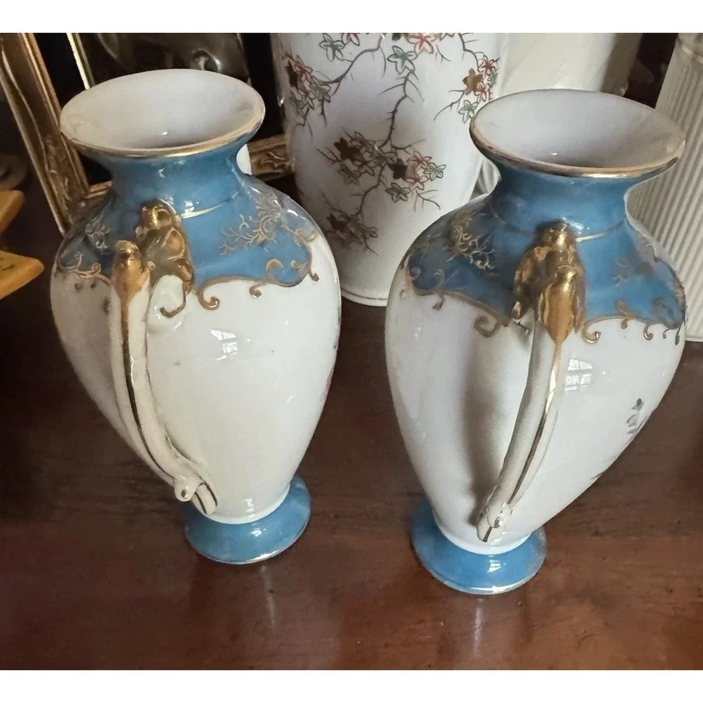 Vintage Japan Porcelain Mantle Vases Pair Hand Painted Blue Gold Gilt Floral 6